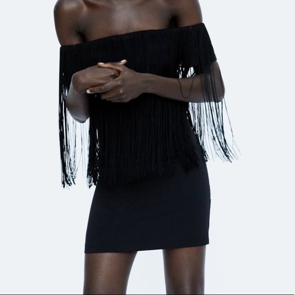 zara fringe dress black